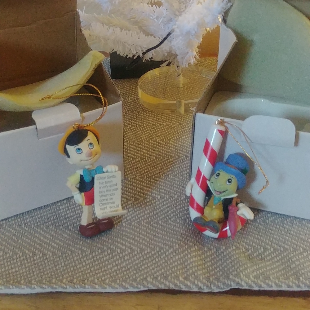 Grolier Pinocchio and Jiminy Cricket Christmas Ornaments